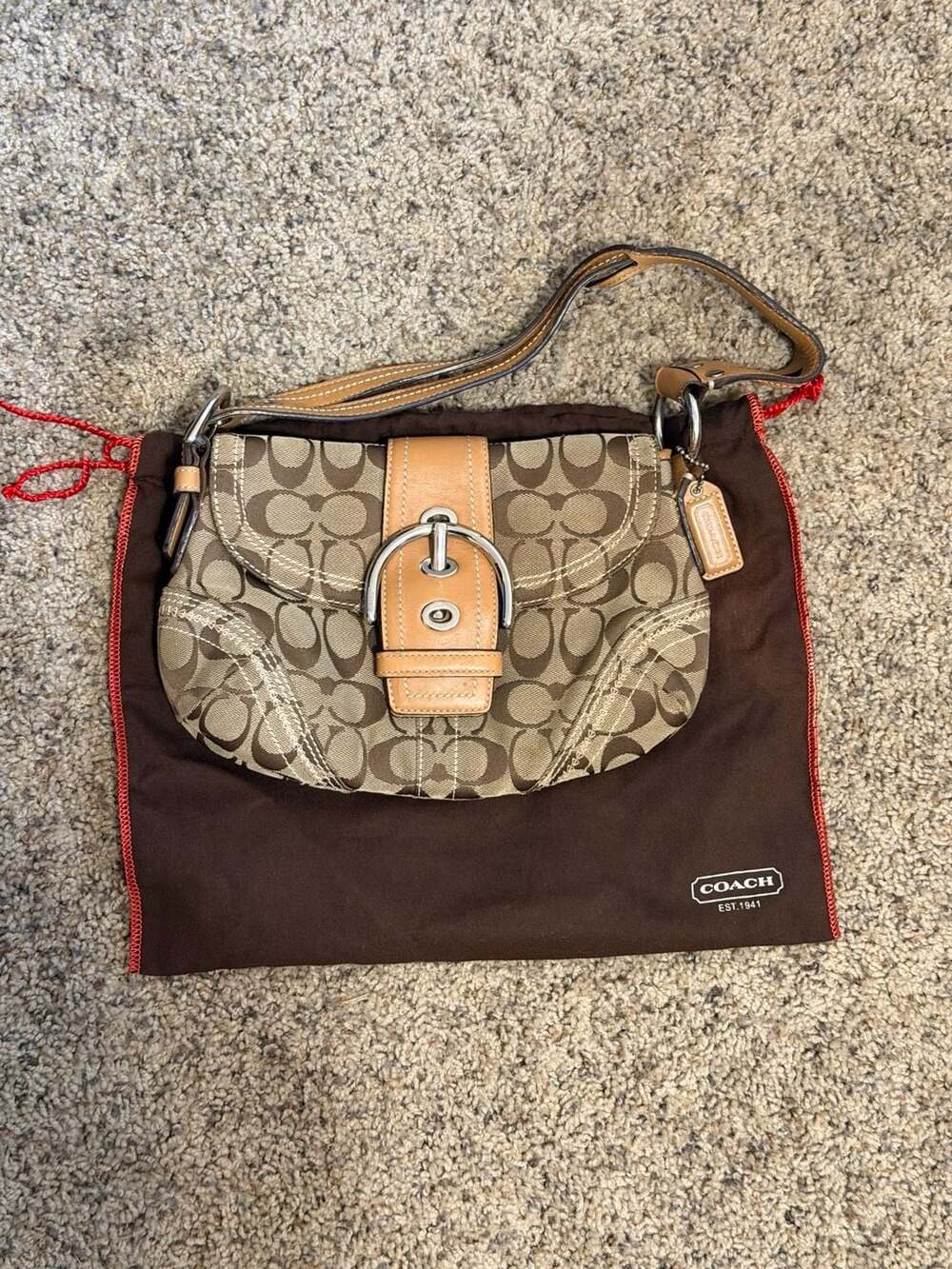 Coach Soho Signature C Flap Shoulder Bag 10602 Khaki Brown Leather Y2K